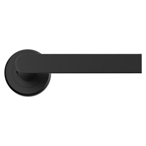 May include: A black door handle, featuring a circular base and a straight, rectangular lever. The handle is designed for interior doors. The overall design is minimalist and modern. The handle's length is approximately 15 cm.