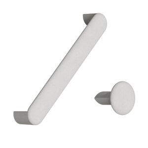 May include: A white cabinet pull and knob set. The pull is a long, rectangular bar with rounded ends, and the knob is a small, circular disc. Both pieces are made of a solid, matte material. Ideal for kitchen or bathroom cabinets.