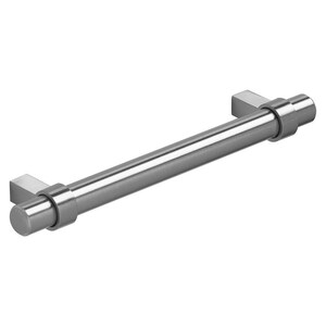 May include: A brushed nickel cabinet pull with a cylindrical bar and square end mounts. The hardware is designed for easy installation and adds a modern touch to cabinets and drawers. The pull measures approximately 15 cm in length.