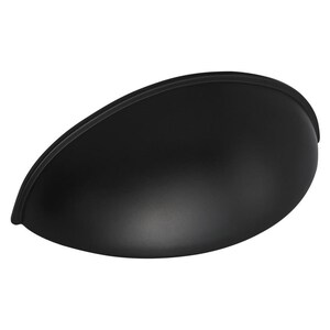 May include: A black, cup-shaped cabinet pull. The metal handle has a smooth, matte finish and a curved design. This hardware is designed for easy opening of drawers and cabinet doors. The pull is measured in centimetres.