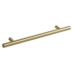 May include: A gold-coloured cabinet pull with a tubular bar and two short, perpendicular posts. The hardware is made of metal and has a smooth, matte finish. The pull is designed for easy gripping and opening of drawers or cabinets.
