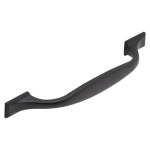 May include: A black cabinet pull handle with a curved design. The handle has a rectangular base at each end and a gently arched centre. Suitable for drawers and cabinets.