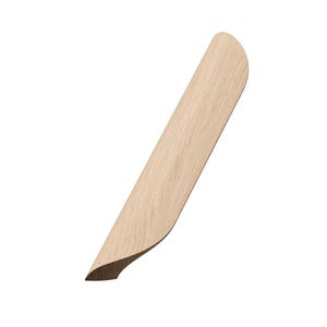 May include: A light wood cabinet handle with a curved design.