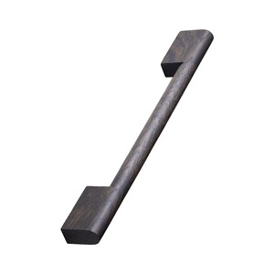 May include: A dark grey wooden cabinet pull with rounded edges.