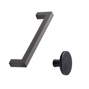 May include: Black metal cabinet hardware set with a long, rectangular handle and a round knob.