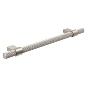 May include: A brushed nickel cabinet pull with a textured, knurled centre bar and square end mounts. The hardware is designed for easy installation and adds a modern touch to any cabinet or drawer. The overall design is sleek and minimalist.
