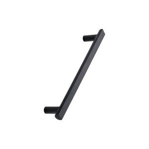 May include: A black cabinet pull handle with a rectangular bar and cylindrical ends. The handle is angled diagonally against a white background, showcasing its modern design and finish. This hardware is suitable for cabinets and drawers.