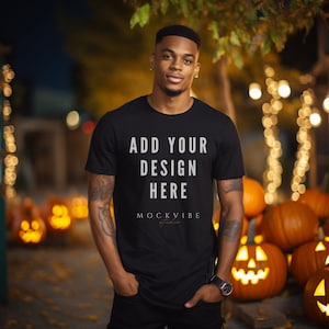 Black Bella Canvas 3001 T-Shirt Mockups Halloween, High-Quality Shirt Mockups Outdoor, Tshirt Mockup, Styled Tee Mockup Camping Shirt Spooky