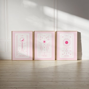 Pink Tarot Card Prints Set of 3 DIGITAL - Preppy Retro Décor Dorm Room Posters Spiritual Wall Art Grainy Gradient Pastel Poster Aesthetic