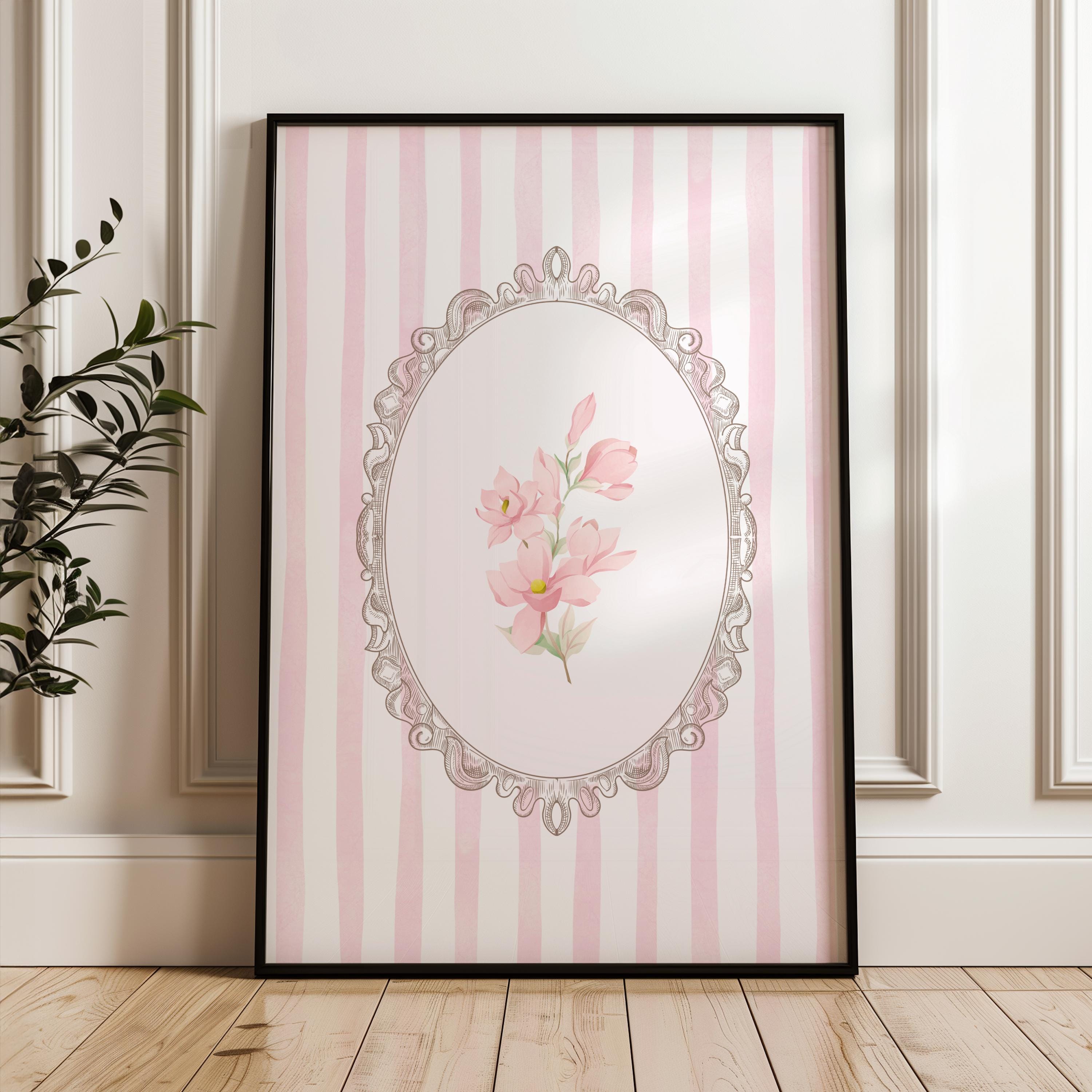 ヴィンテージフローラルプリント：ピンクの花の保育園アート（デジタル