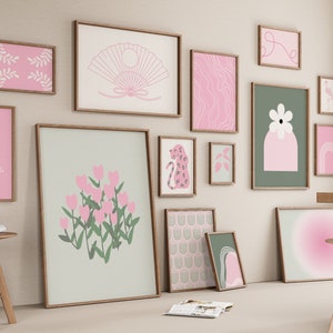 Green Pink Preppy Gallery Wall Set of 15 DIGITAL - Minimal Art Prints Boho Décor Coquette Abstract Poster Gallery set Mega Bundle Y2K Girly