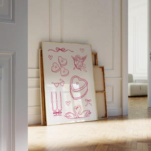 バレンタイン落書きプリントデジタル - ミニマルパステルアート装飾 リボン コケットルーム装飾 レトロロマンチック バーカートポスター Y2K ヴィンテージ ピンクと赤