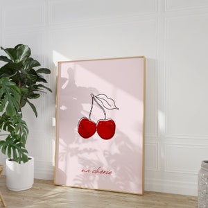 Baby Pink Cherry Print DIGITAL - Minimalistyczne wydruki artystyczne Boho Décor Coquette Room Decor Girly Abstract Poster Gallery set Balletcore Bar Cart Art