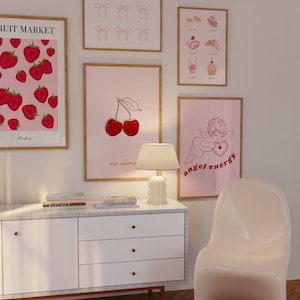 Ensemble de 5 décorations murales roses et rouges NUMÉRIQUES - Impressions d'art minimalistes Décoration de chambre Coquette Noeuds Poster Galerie ensemble Mega Bundle Y2K Girly Angel
