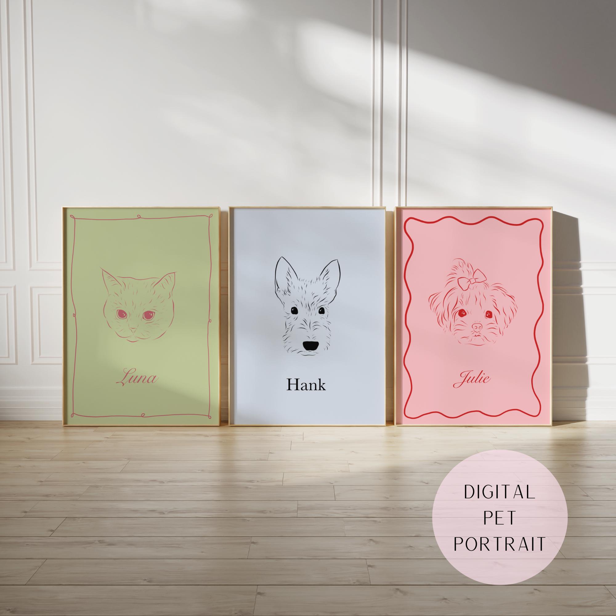 Custom Pet Portrait DIGITAL - Unique Dog Drawing Badly Drawn Pet Cat Lover Gift Personalised Retro Decor Cute Line Art Pet loss Memorial