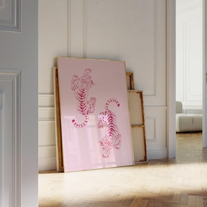 Różowy Tygrys Wydruk CYFROWY - Bar Cart Art Różowy Wystrój Retro Japoński Ramen Sztuka Plakat Słodki Modny Sztuka Ścienna Y2k Różowy Preppy Kokietka Wystrój Pokoju