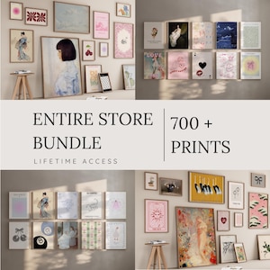 May include: A collection of framed art prints in various sizes and styles, including botanical, abstract, and figurative art. The prints are displayed on a neutral wall, with the text "ENTIRE STORE BUNDLE" and "700+ PRINTS".