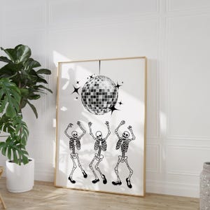 Dancing Skeletons Disco Ball Print: Spooky Halloween Decor (Digital Download)