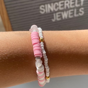 handmade pink and white pattern heishi bracelet with rose quartz - made with love and care