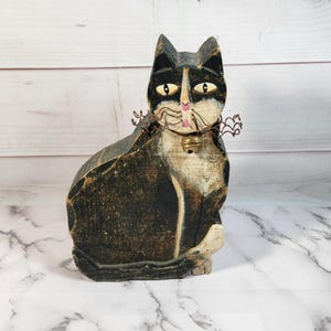 Wood Block Cat Statue Vintage Folk Art Figurine Bell Collar Decor Black White