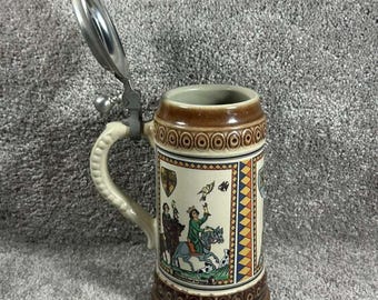 German Beer Stein Brown Medieval Hunting Scene Lidded Stoneware