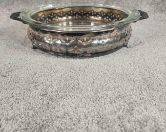 Vintage Silver Plate Pierced Pyrex Casserole Dish Holder with Glass Insert