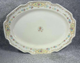 Vintage Serving Platter Cream Floral Gold Trim Scalloped Oval 13.5 Inch
