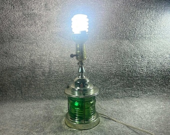 Nautical Table Lamp Green Glass Ship Lantern Coastal Decor Silver 11in