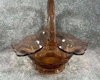 Indiana Glass Tiara Basket Amber Peach Ruffled Thumbprint Vintage