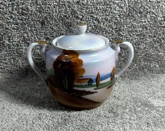 Azucarero Chikaramachi pintado a mano con paisaje, estilo vintage japonés, con tapa.