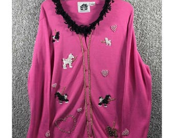 Storybook Knits Cardigan Maglione Rosa Cane Barboncino Cuore Perline Donna 2X