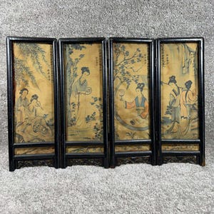 Chinese Table Screen Black Gold Silk Painted 4 Panel Vintage Tabletop