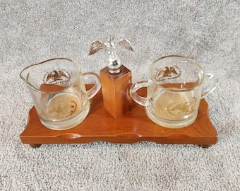 Vintage Creamer Sugar Set Clear Gold Eagle Wood Base Americana Patriotic