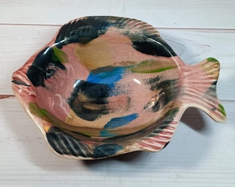 Hand Painted Fish Shaped Bowl Trinket Dish Colorful Ceramic Decor - signed