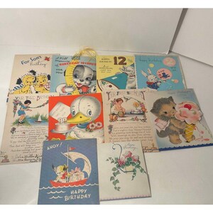 Lote de cartões de aniversário vintage, animais fofos, aniversário infantil, itens colecionáveis