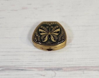 Vintage Pill Box Hinged Gold Tone Butterfly Design Small Metal Case