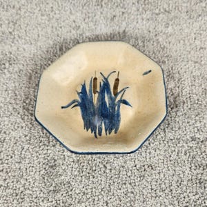 Labaire Pottery Trinket Dish Cream Blue Cattail Nature Octagonal Signed