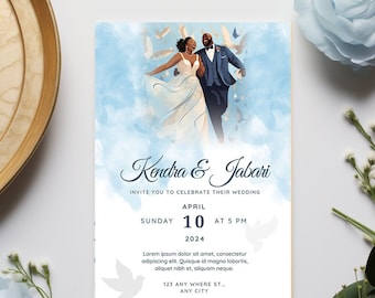 Wedding Invite - Blue, African American, Plus Size Couple