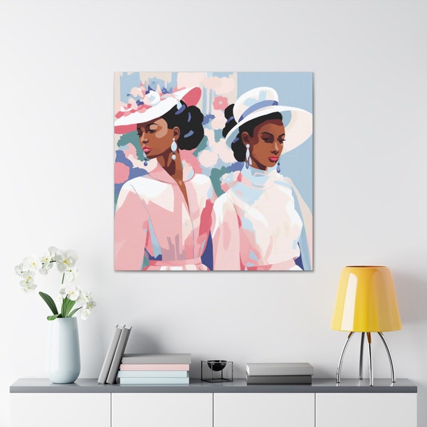 Abstract Black Art Canvas Print Gift for Jill 1938, Sisterhood, Sophisticated African American Women hats, pink and blue, Jack