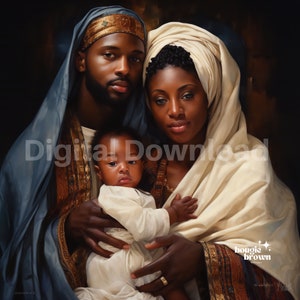 May include: A painting of a family with a dark blue, gold, and white color scheme. A woman in a white head covering holds a baby in her arms. A man in a dark blue robe with a gold trim stands behind the woman. The baby is wearing a white robe. The painting is titled "bougie brown" in the bottom right corner.