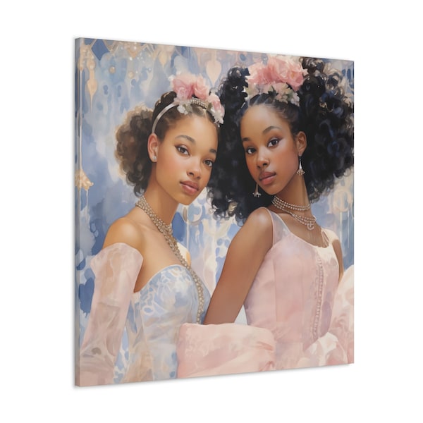 Two Teen Debutantes Black Art Canvas Print Gift for Jack and Jill, Sophisticated African American, pink, blue, 1938