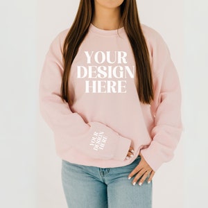 Gildan 18000 Sweatshirt Mockup, Pink Gildan18000 Mockup, Sleeve Print Mockup, Gildan 18000 Crewneck Mockup, Print on Demand Your Design Here