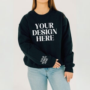 Gildan 18000 Sweatshirt Mockup, Black Gildan18000 Mockup, Sleeve Print Mockup, Gildan 18000 Crewneck Mockup Print on Demand Your Design Here