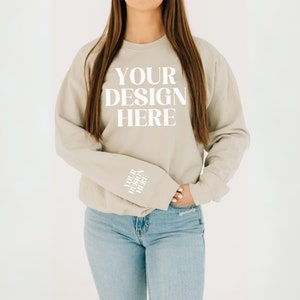 Gildan 18000 Sweatshirt Mockup, Sand Gildan18000 Mockup, Sleeve Print Mockup, Gildan 18000 Crewneck Mockup, Print on Demand Your Design Here