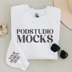 Gildan 18000 Sweatshirt Mockup, White Gildan18000 Mockup, Sleeve Print Mockup, Gildan 18000 Crewneck Mockup Print on Demand Your Design Here
