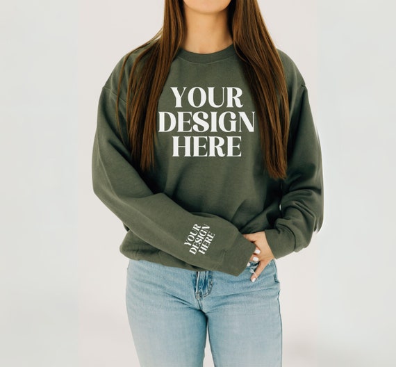 Gildan 18000 Sweatshirt Mockup, Military Green Gildan18000 Mockup, Sleeve Print Mockup, Gildan 18000 Crewneck Mockup, Print on Demand Design