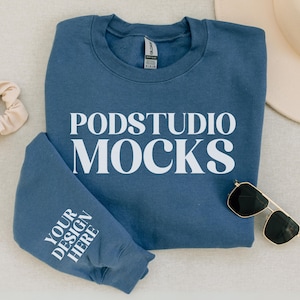 Gildan 18000 Sweatshirt Mockup, Indigo Gildan18000 Mockup, Sleeve Print Mockup Gildan 18000 Crewneck Mockup Print on Demand Your Design Here