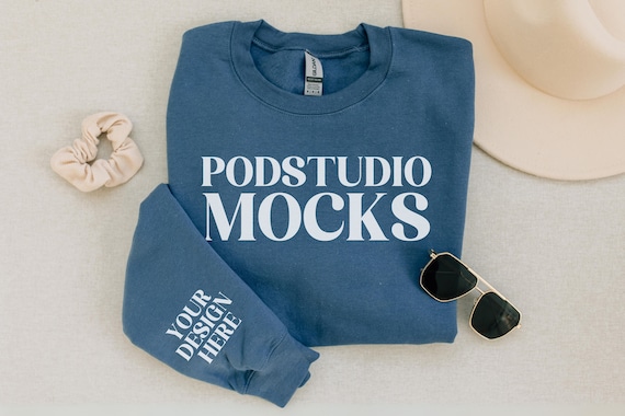 Gildan 18000 Sweatshirt Mockup, Indigo Gildan18000 Mockup, Sleeve Print Mockup Gildan 18000 Crewneck Mockup Print on Demand Your Design Here