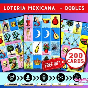 Afdrukbare Mexicaanse loteria-spelsjabloon | PDF 200 kaarten - DUBBELE / DUBBELE LOTERIA Mexicana (Mexicaanse bingo) - digitale download