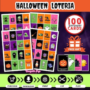 Modelo de jogo de loteria de Halloween para impressão | 100 CARTÕES PDF - Edição clássica Loteria Mexicana (Bingo mexicano) - Download digital